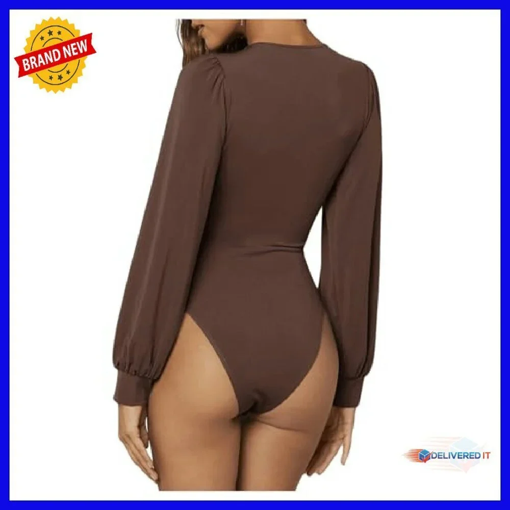 Sexy Ruched Deep V Neck Long Sleeve Bodysuit Plunging Leotard